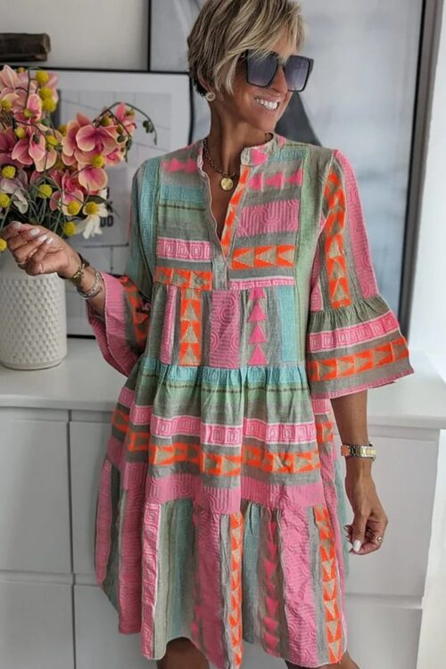 Cottagecore Retro Style with Geometric Prints Dress