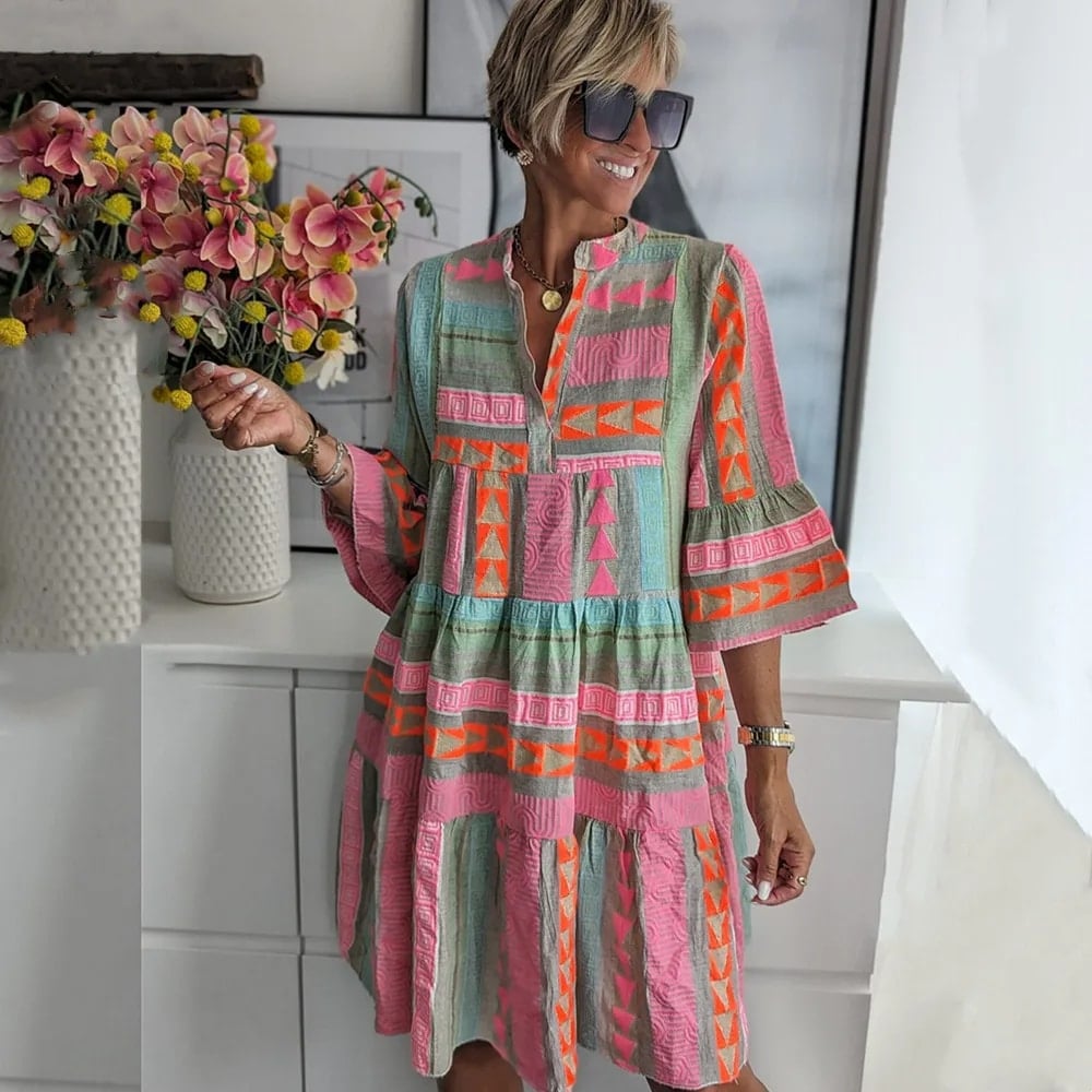 Cottagecore Retro Style with Geometric Prints Dress