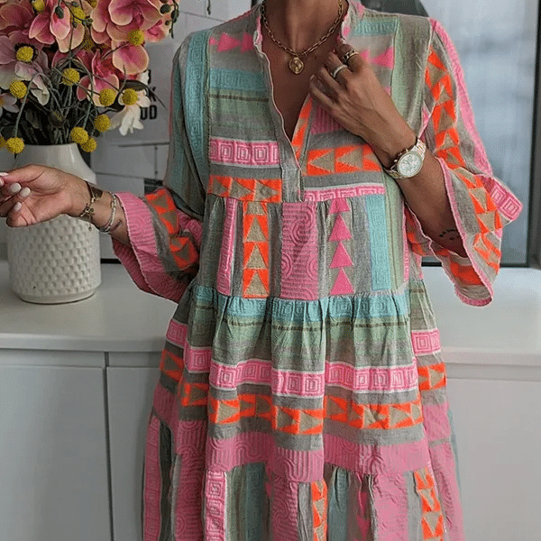 Cottagecore retro style with geometric prints dress - Image 2