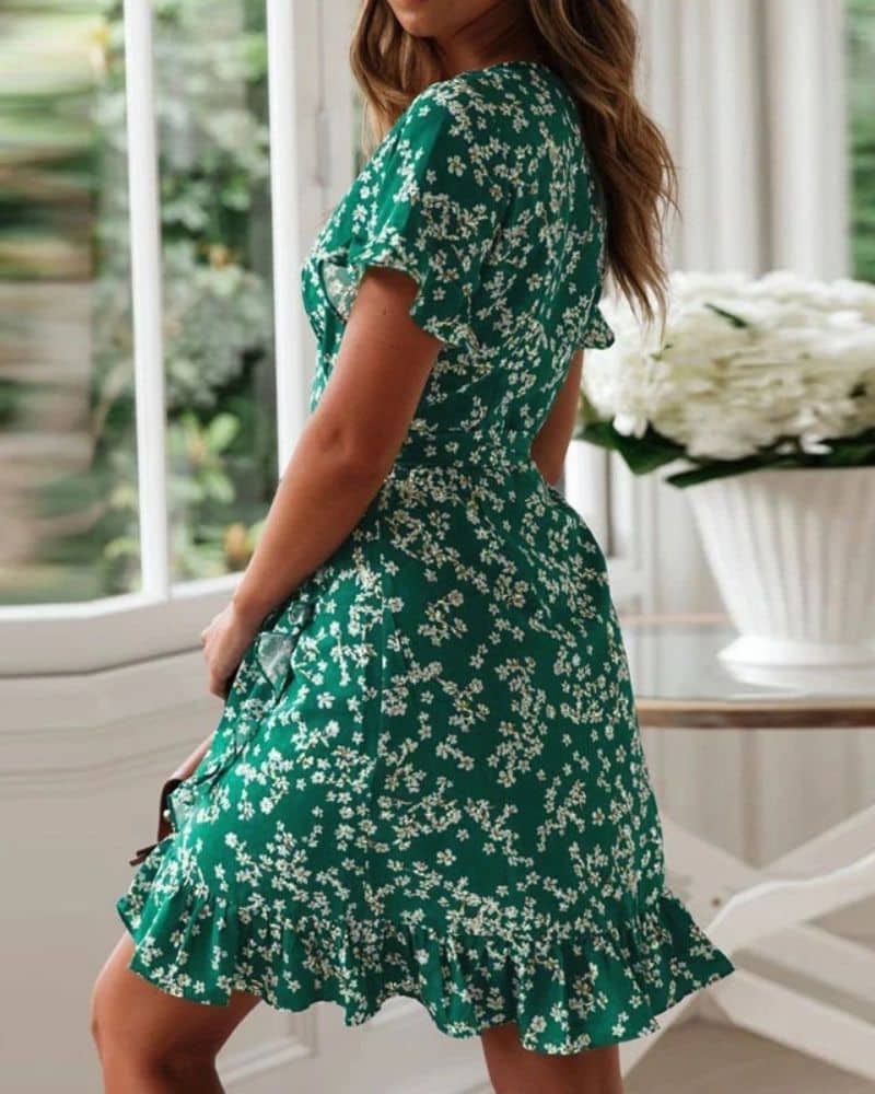 Cottagecore green floral with V-neck dress - Image 3