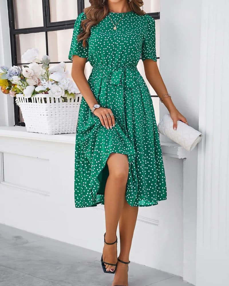 Cottagecore Green Polka Dot and Belted Dress