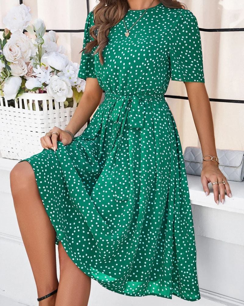Cottagecore green polka dot and belted dress - Image 2