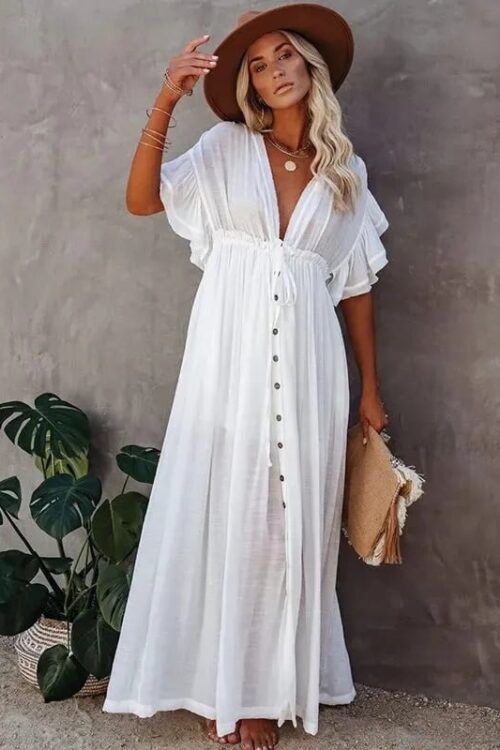 Long white with flared cut beach dress