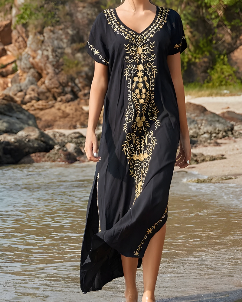Loose Printed Bohemian Long Beach Dress with V-Neck