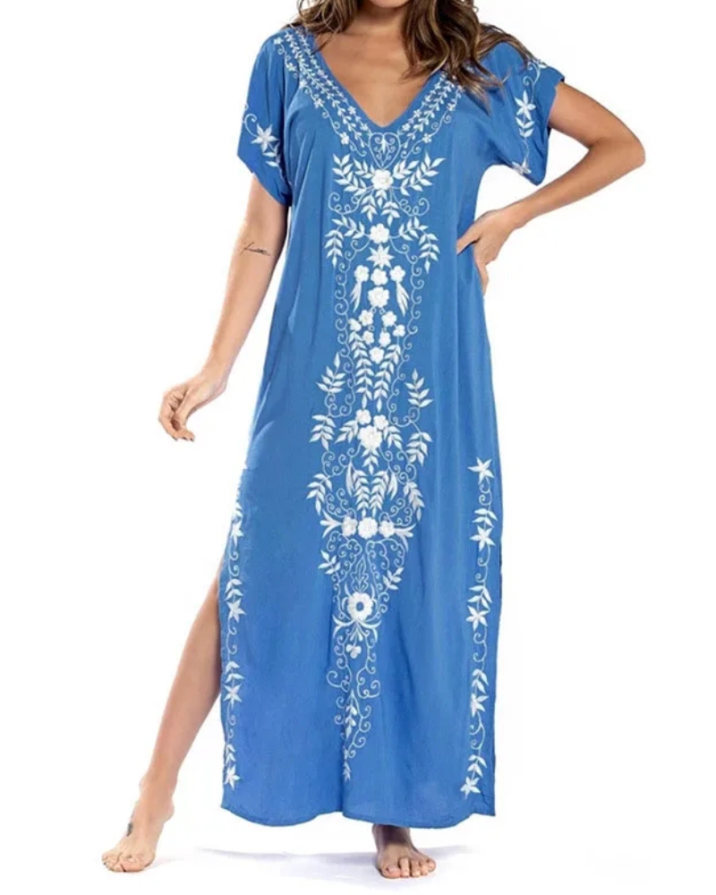 Loose printed bohemian long beach dress with V-neck - Image 6