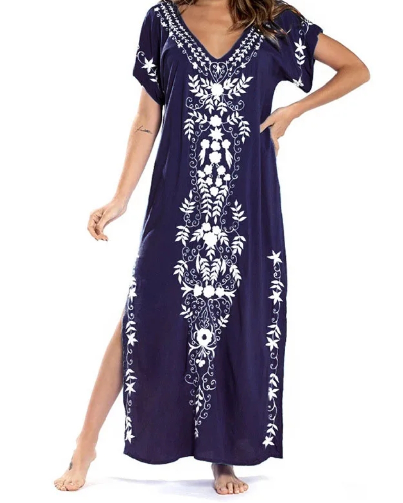 Loose printed bohemian long beach dress with V-neck - Image 5