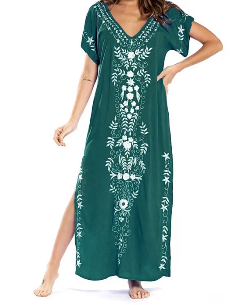 Loose printed bohemian long beach dress with V-neck - Image 4