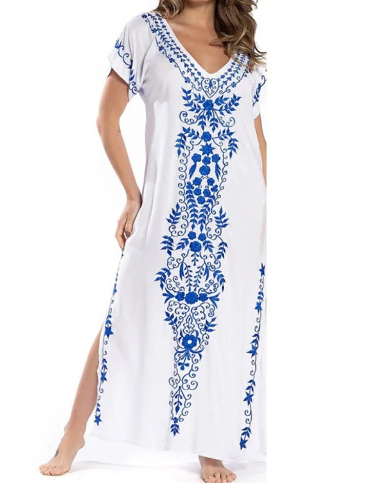 Loose printed bohemian long beach dress with V-neck - Image 3