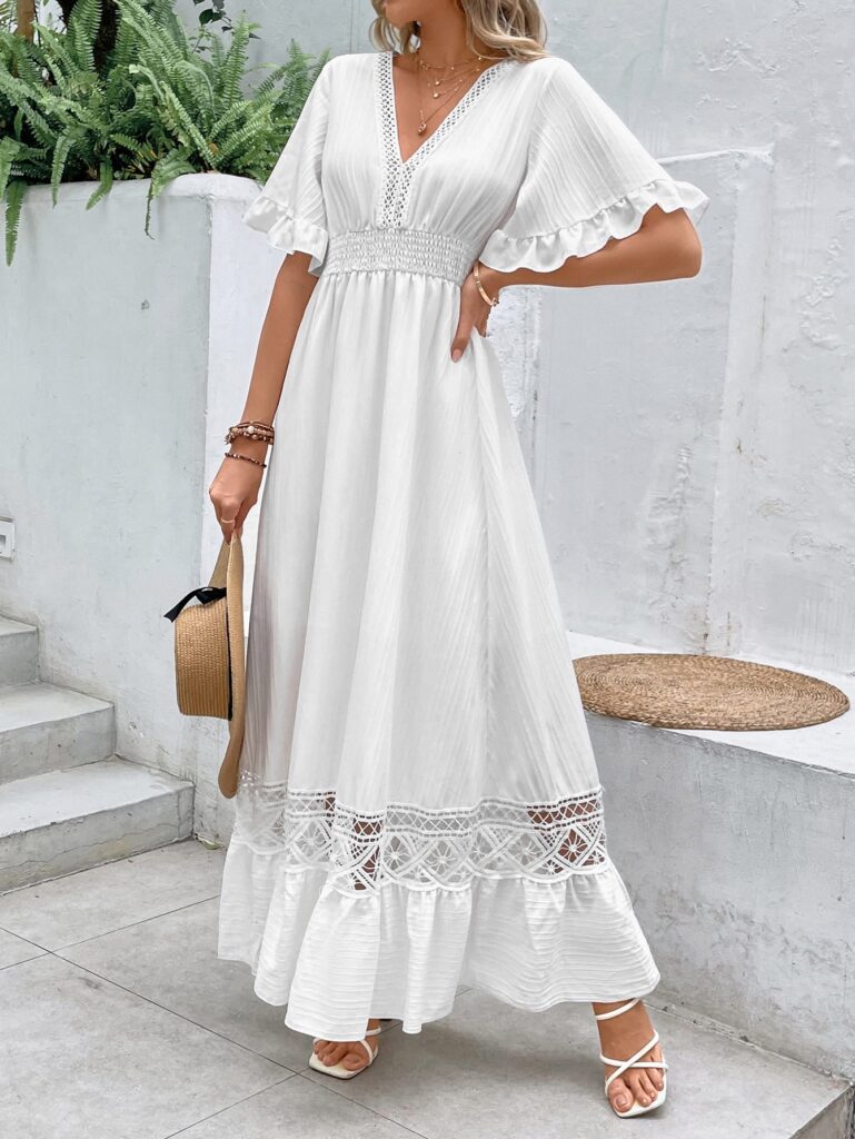 Bohemian Maxi Dress White V-Neck
