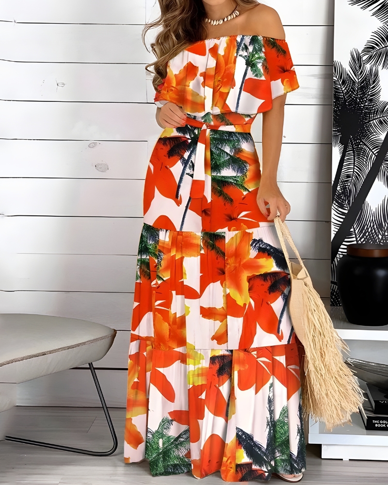 Strapless Printed Bohemian Long Dress with Ruffles