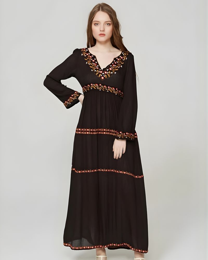 Black Embroidered Bohemian Maxi Dress