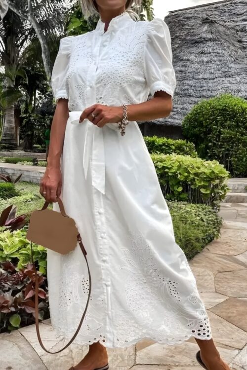 Bohemian cotton long dress with embroidery and lace-up