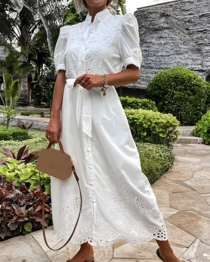 Bohemian Cotton Long Dress with Embroidery and Lace-Up