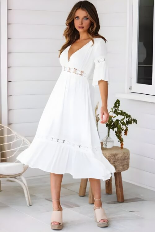 Floral lace bohemian maxi dress with bell sleeves