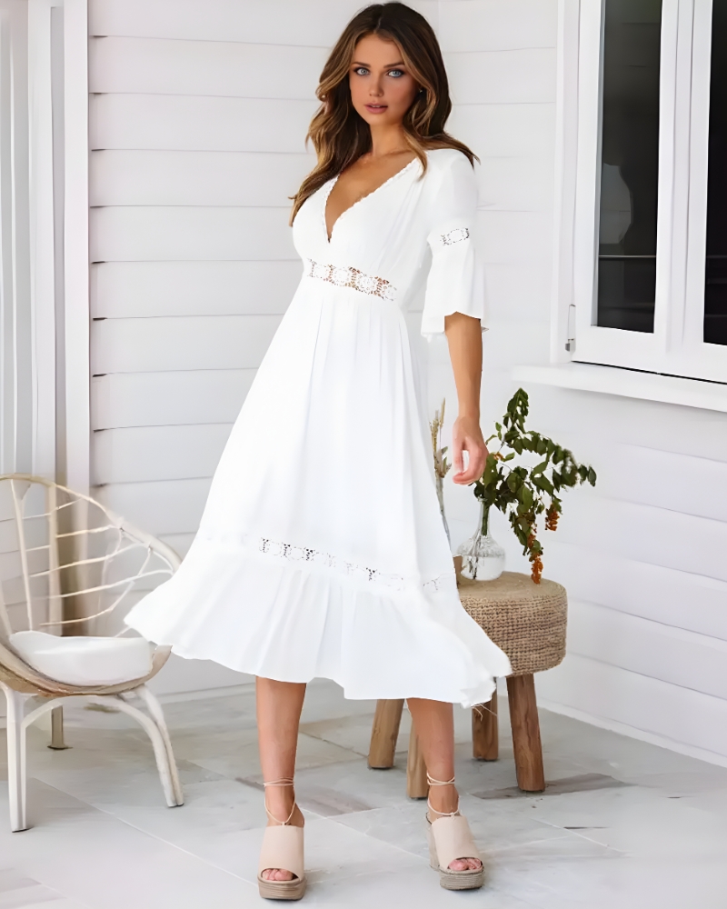 Floral Lace Bohemian Maxi Dress with Bell Sleeves