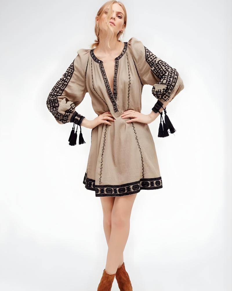 Boho Chic Lantern Sleeve Embroidered Tassel Dress