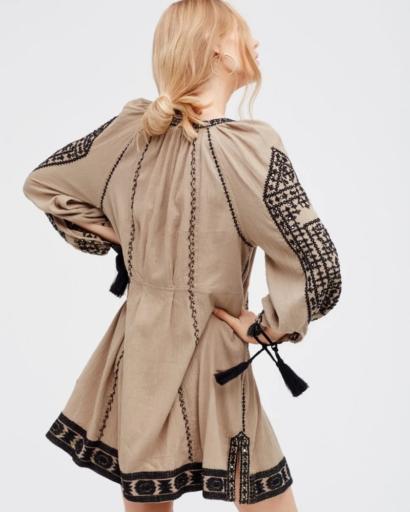 Boho Chic Lantern Sleeve Embroidered Tassel Dress - Image 2