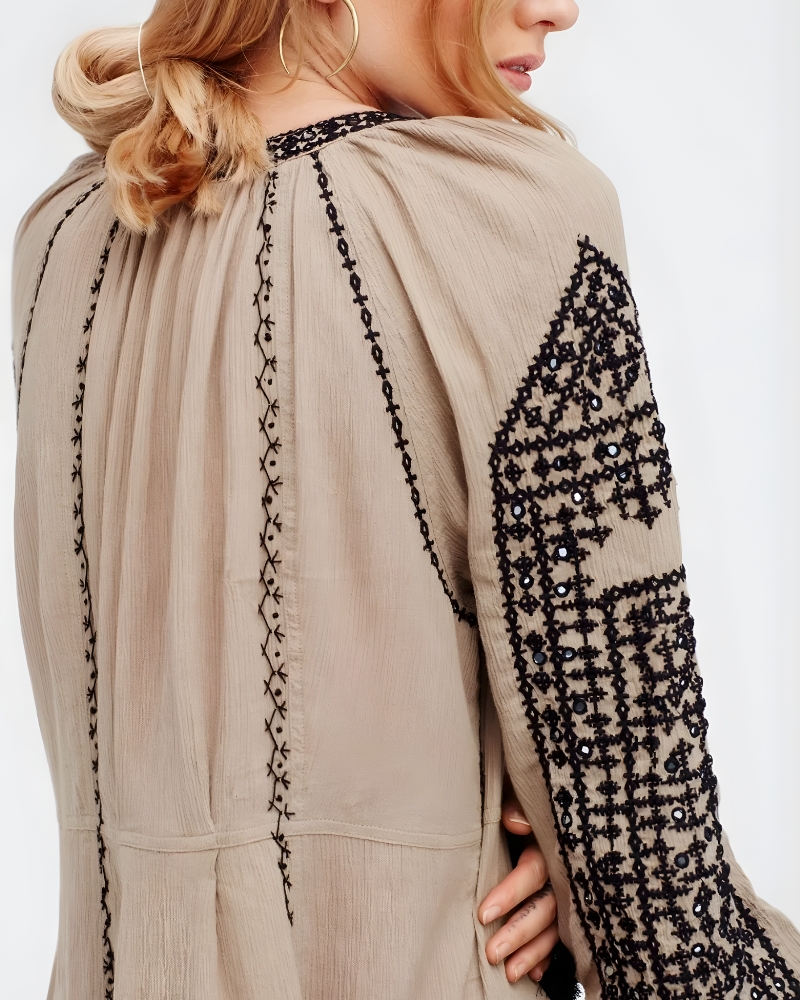 Boho Chic Lantern Sleeve Embroidered Tassel Dress - Image 10