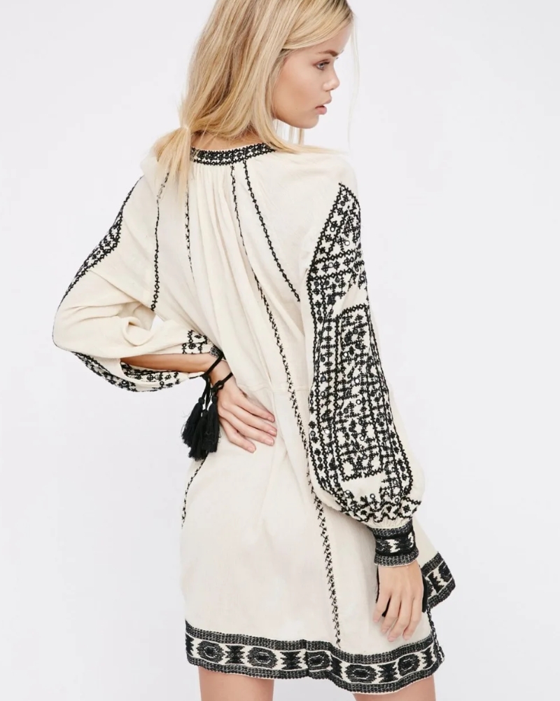 Boho Chic Lantern Sleeve Embroidered Tassel Dress - Image 7