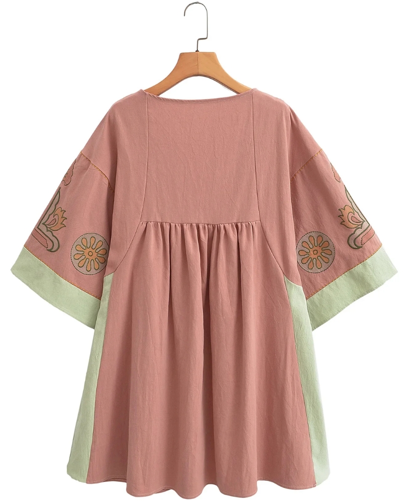 Bohemian Linen Cotton Floral Embroidered Mini Dress - Image 7